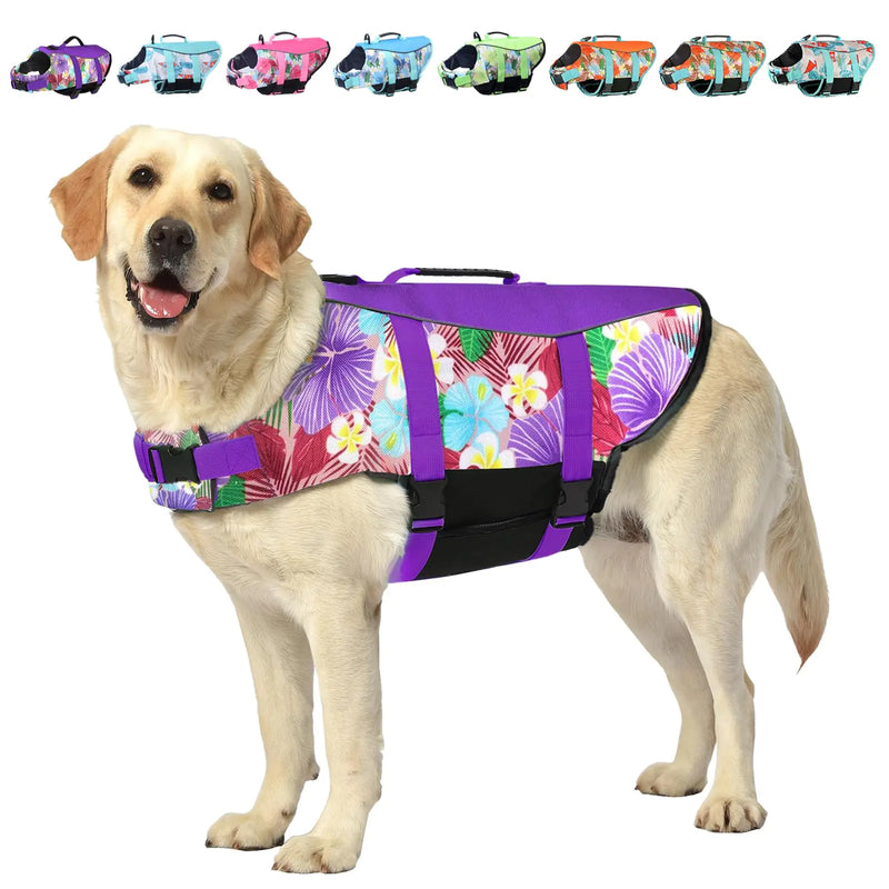 Dog Life Jacket Vest Swimming Adjustable Puppy Life Vests Ripstop Life Jackets for Large Dogs High Visibility Flotation with Rescue Handle for Water Swim Boating Hunting - Size Large